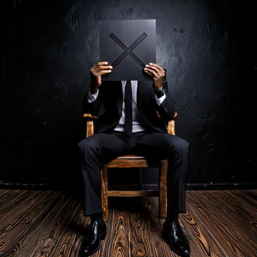 Guy in a suit sitting in a room with an x over his face
